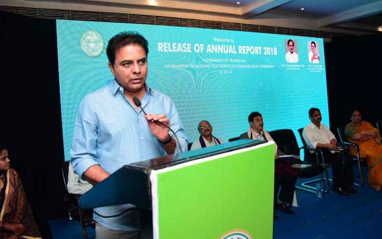 Minister KT Rama Rao presents the State Formation Day awards.