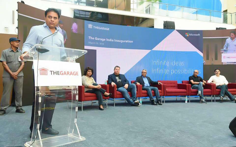 Minister KT Rama Rao addressing after the inauguration of Microsoft Garage in Hyderabad