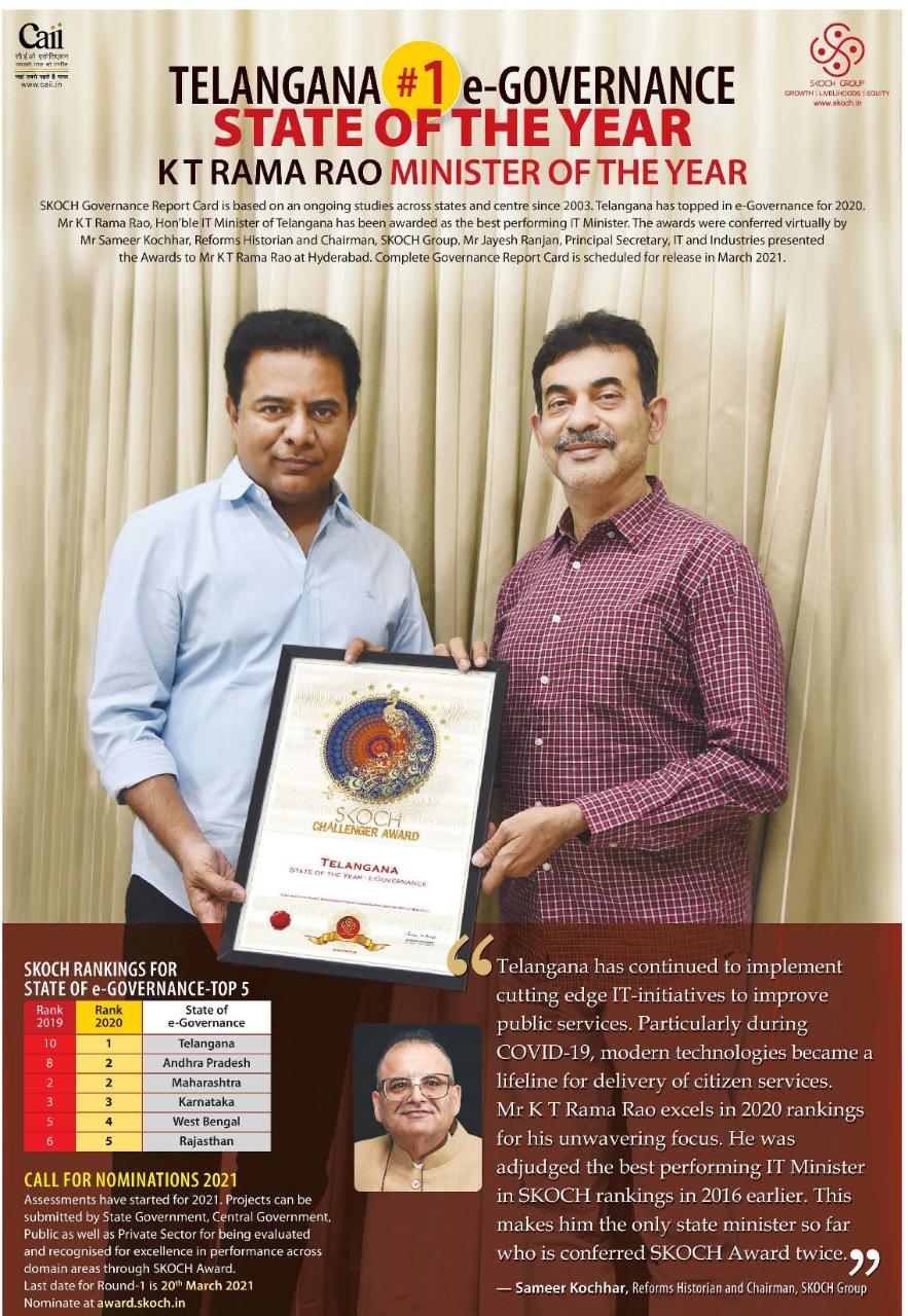 Minister Ktr Bags Best Performing It Minister From Skoch Group