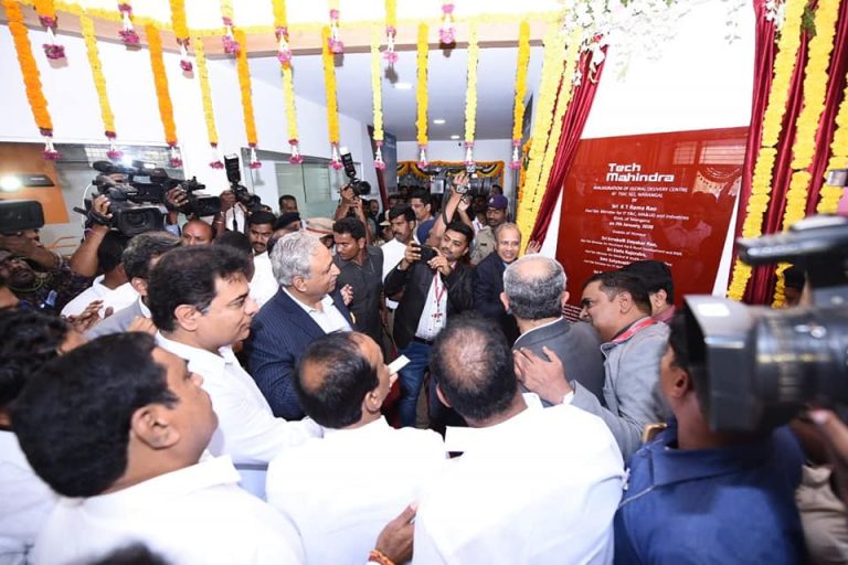Minister Sri KTR formally inaugurated the Tech Mahindra Campus in Warangal. Ministers Sri Eatala Rajender, Sri Errabelli Dayakar Rao, Smt Satyavathi Rathod, and Tech Mahindra CEO CP Gurnani were present.