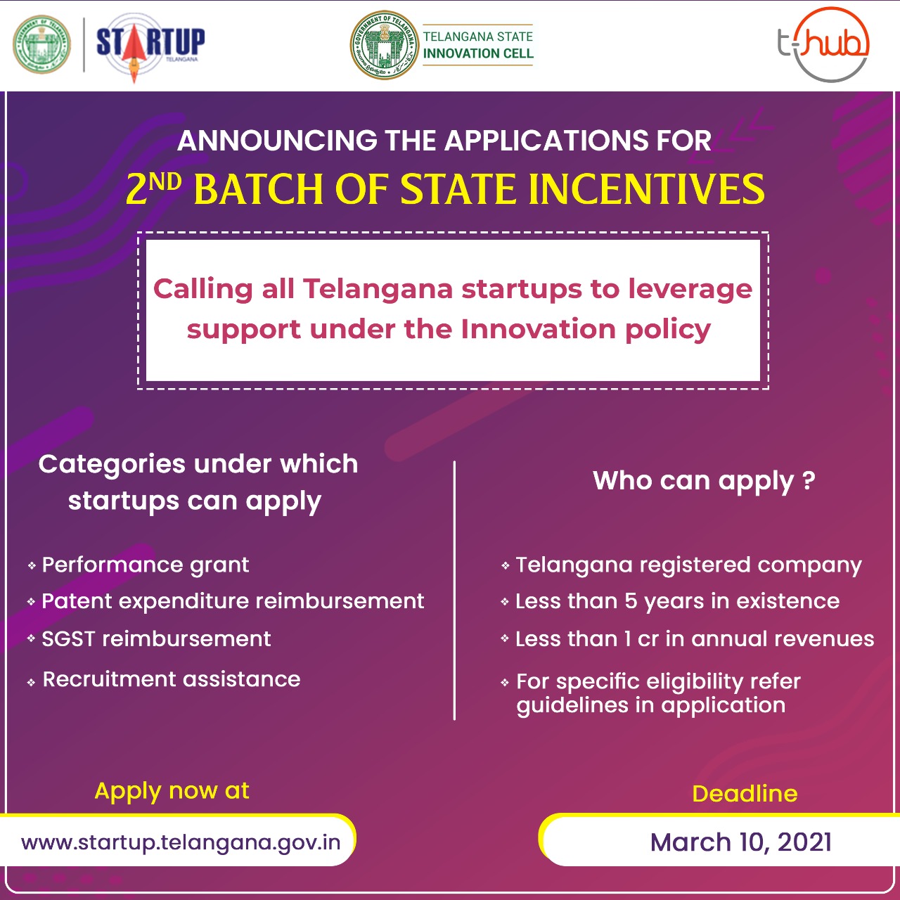 Telangana Govt invites state-based startups for next batch of incentives