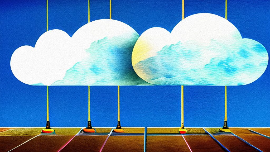 A digital illustration in the style of watercolour painting of two clouds attached to electric cables on a blue background representing the sky