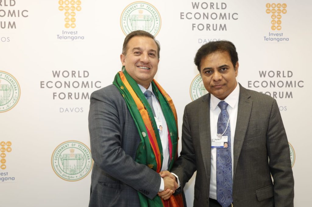 17-01-2023-Chairman-and-Global-CEO-UPLLtd-jairshroff-and-CEO-UPLs-Global-Crop-Protection-business-Mike-Frank-met-with-Minister-KTR-at-wef23-Annual-Meeting-in-Davos